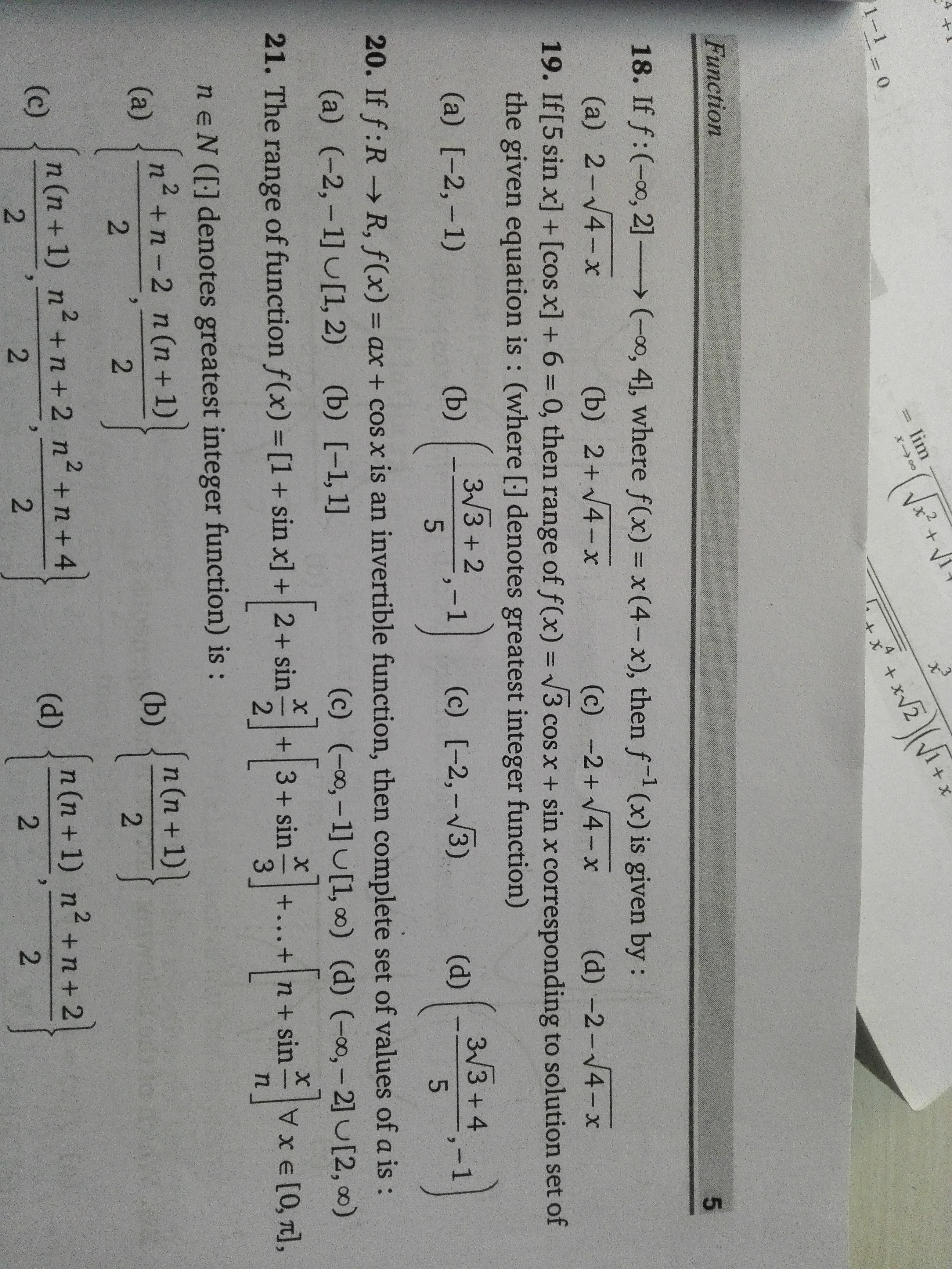 Question image for Question number 19: if [5sinx]+[cosx]+6=0, then r